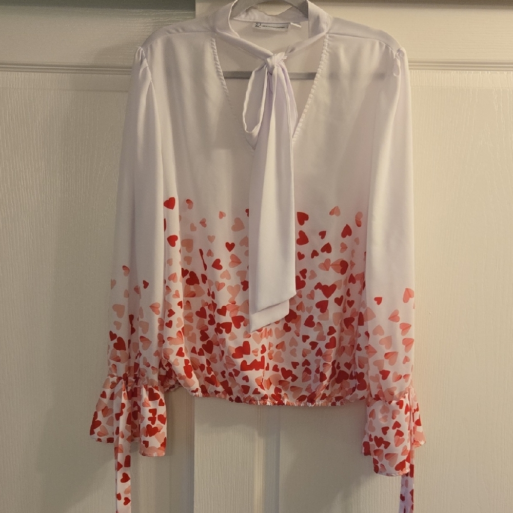 New York & Company Pink Tie Front Long Sleeve Blouse